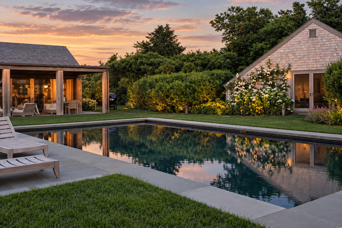 Pool and guest house at dusk