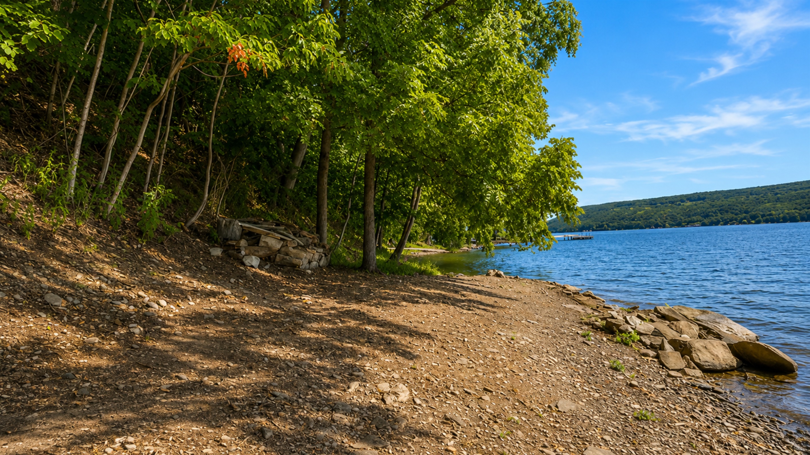 Enjoy peaceful lakefront views along the shaded shoreline, ideal for walks and waterfront relaxation.