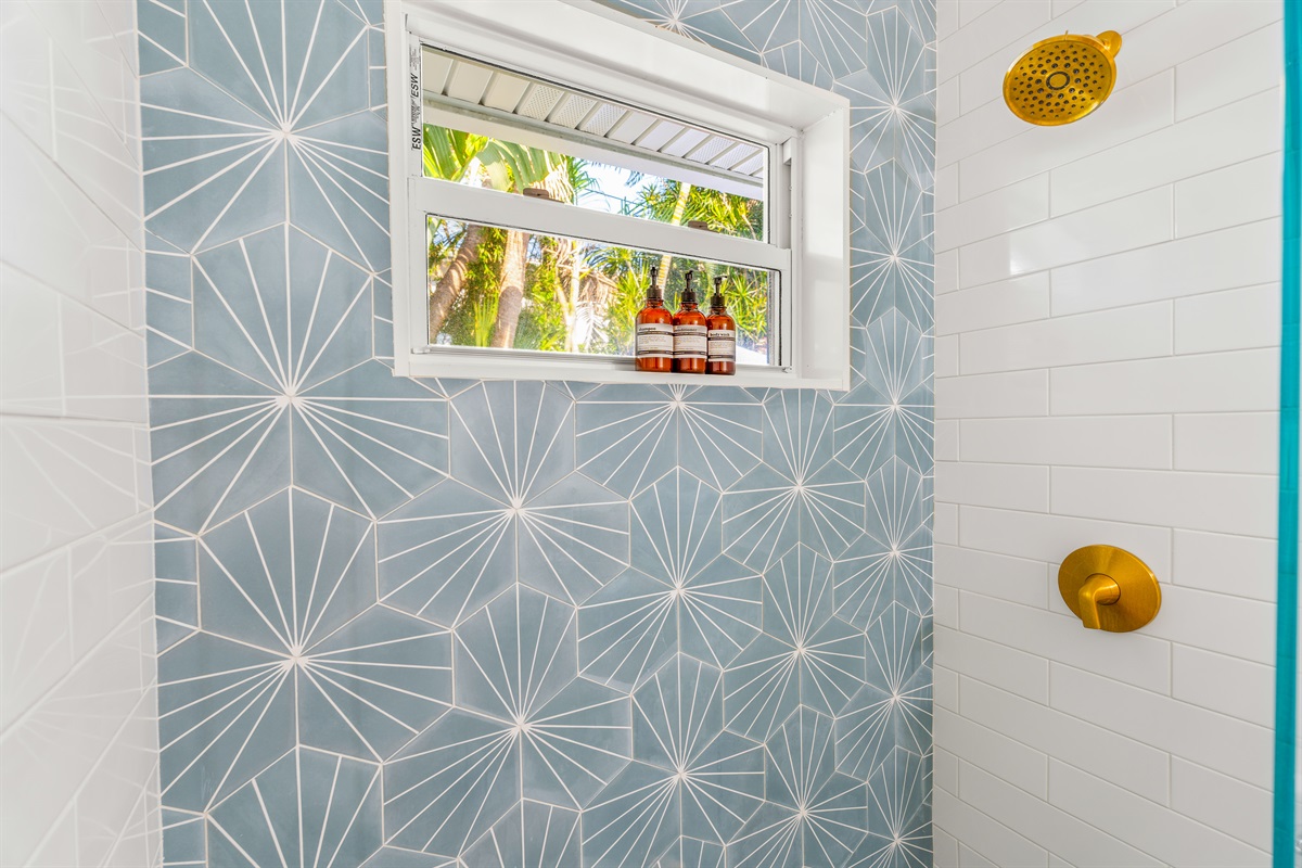 Refresh after a day at the beach in our rain-head shower.