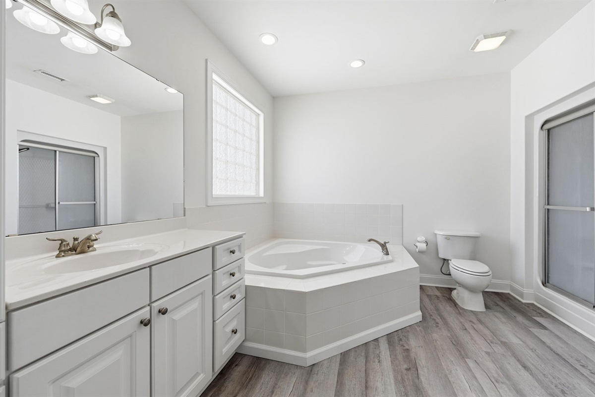Spa-like master bathroom featuring a jetted soaking tub, walk-in shower, and double vanity