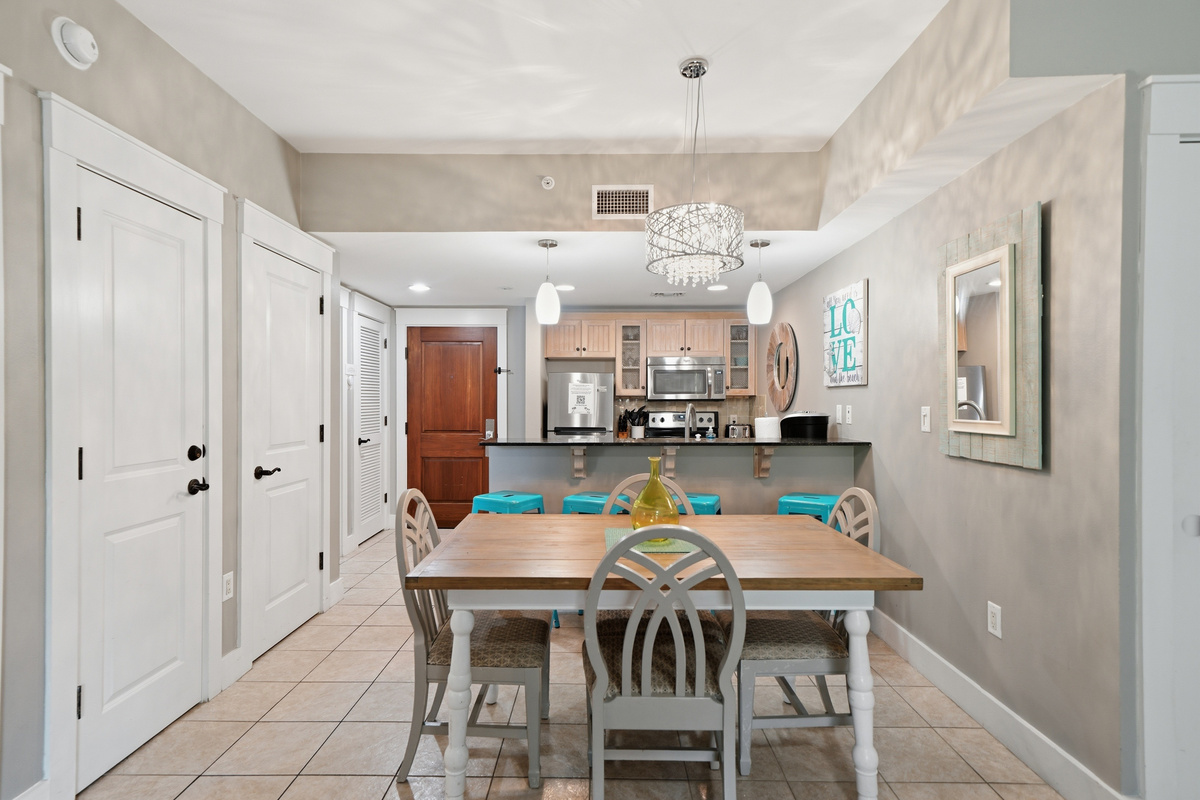 The bar & dining area each have seating for four!