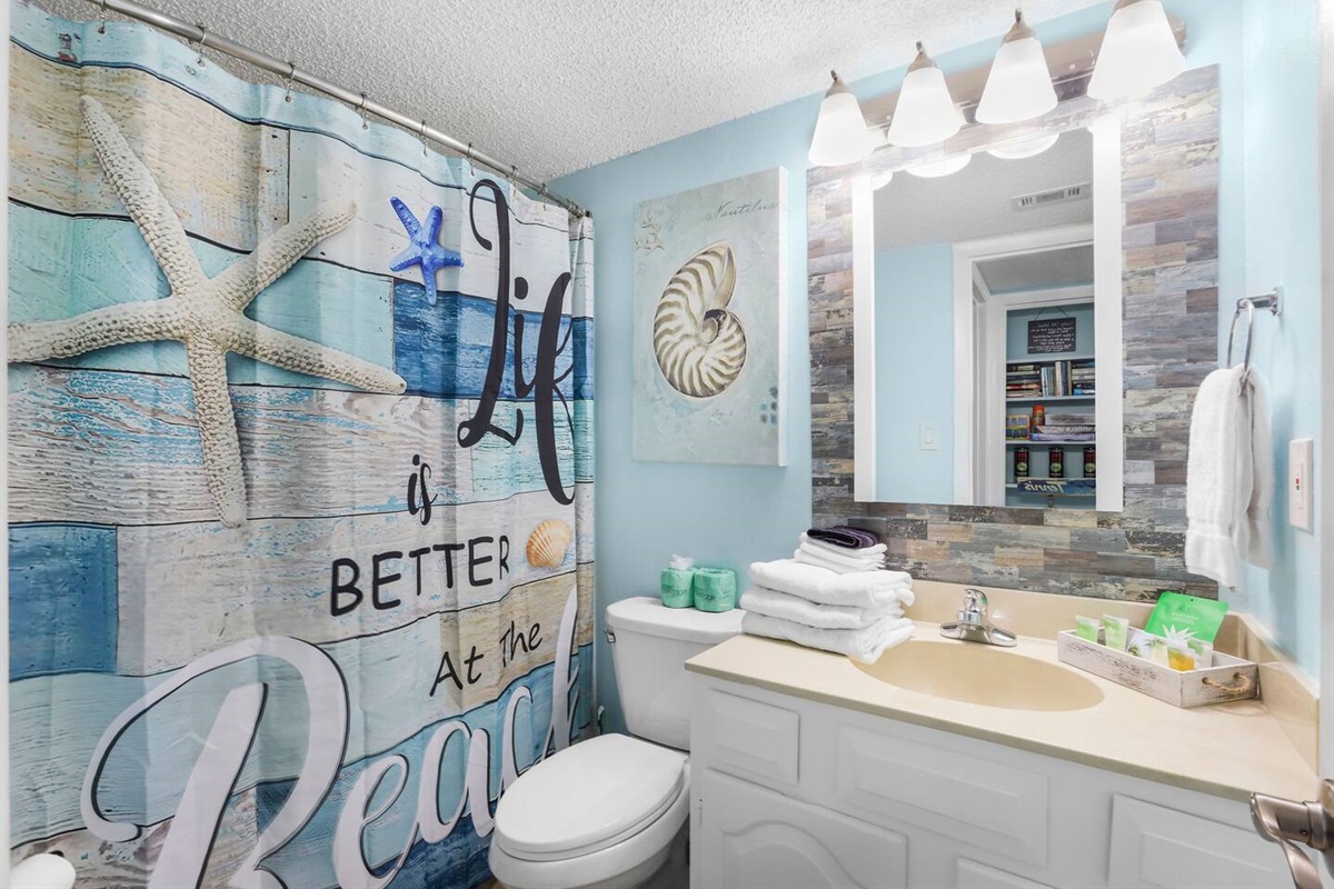 Hall Full Bath. Tub/Shower combo. Hooks for your towels, plenty of storage. 