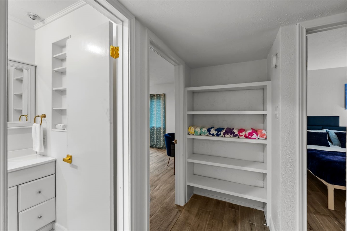 Ample storage with shelving and space to unpack and settle in.