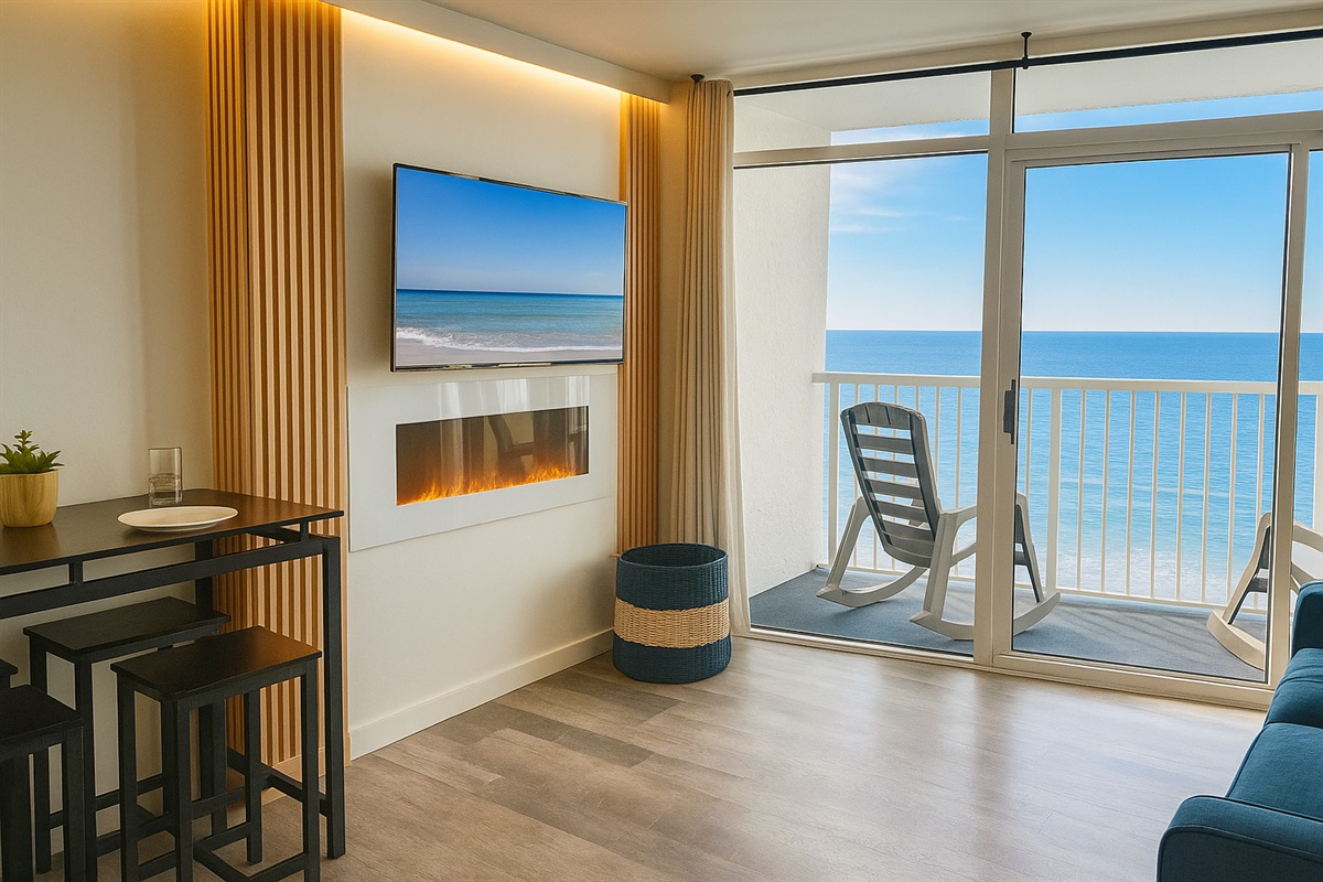 Modern and clean with. Beach Boho vib. Great views floor to ceiling glass. 