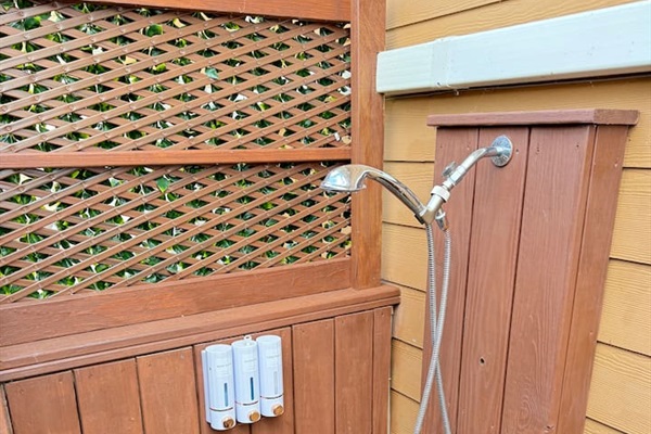 Private outdoor shower with hot water available April thru October.