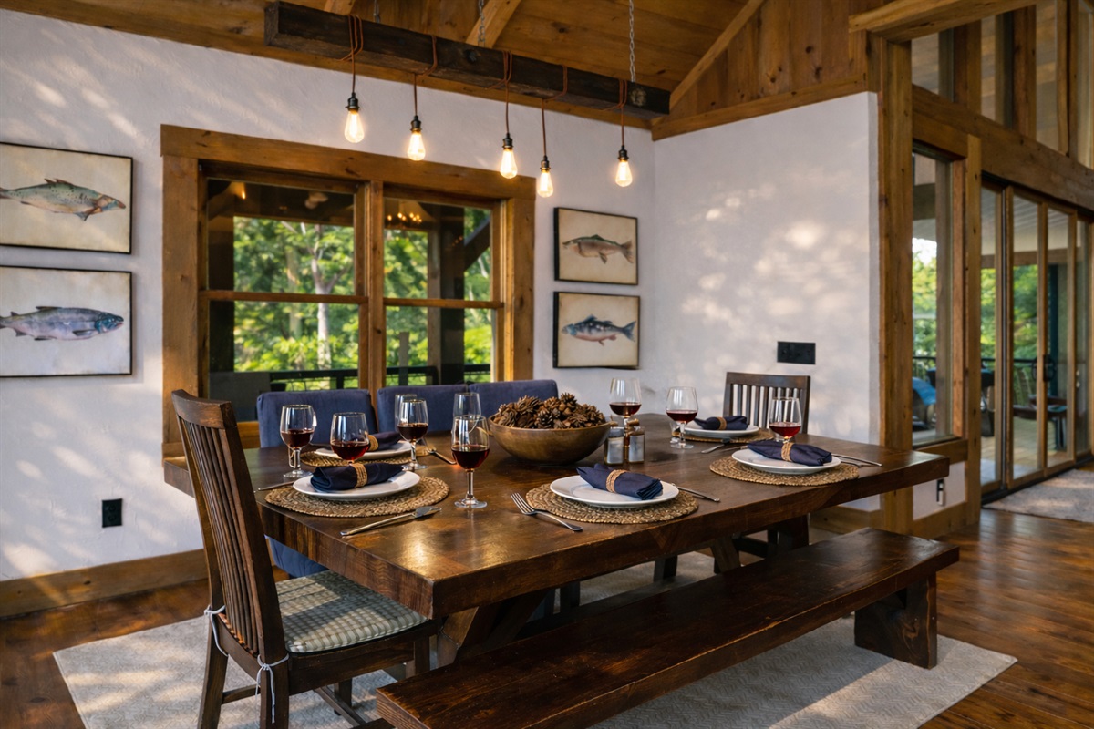 Host memorable dinners with a view at this expansive dining table, surrounded by the warmth of rustic design.
