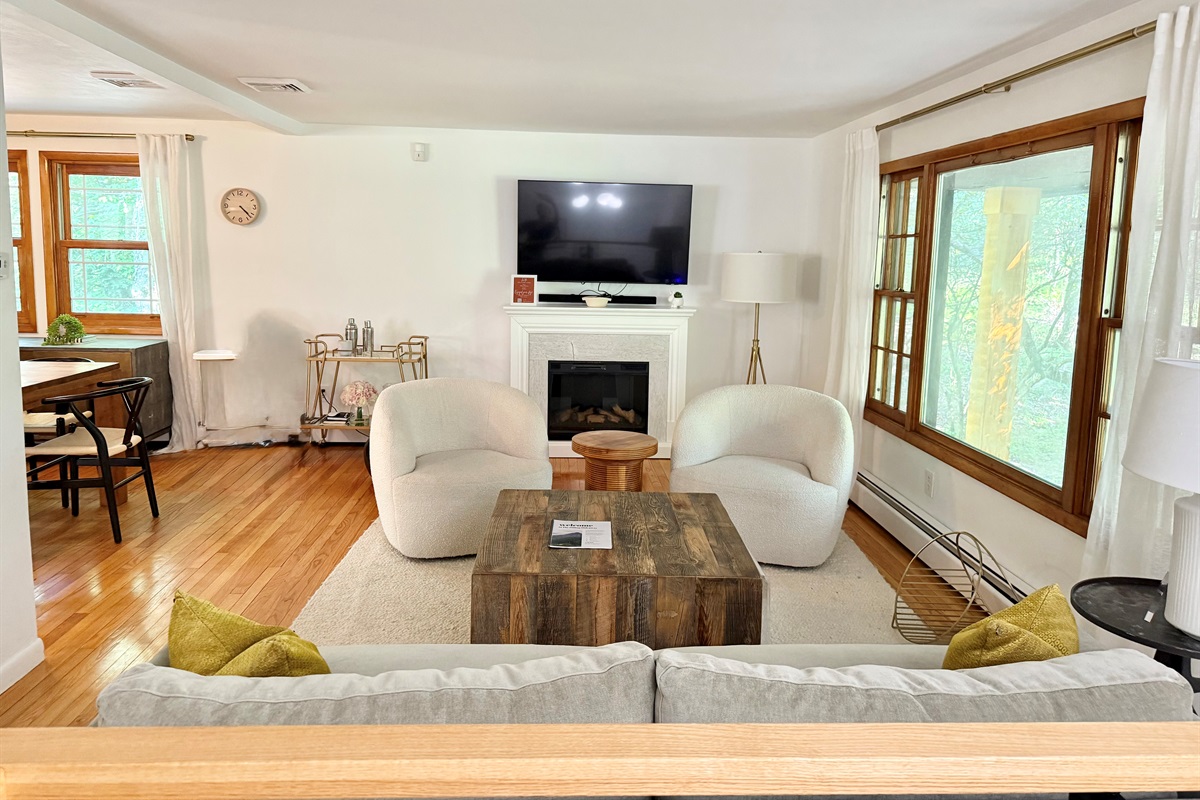 Living room with electric fireplace and TV