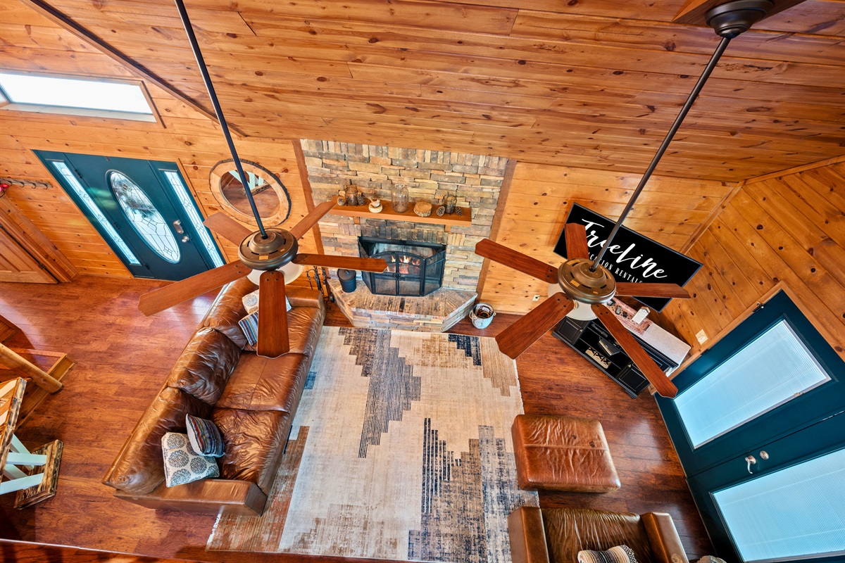Bird’s-eye view of the cozy, stylish living area below.
