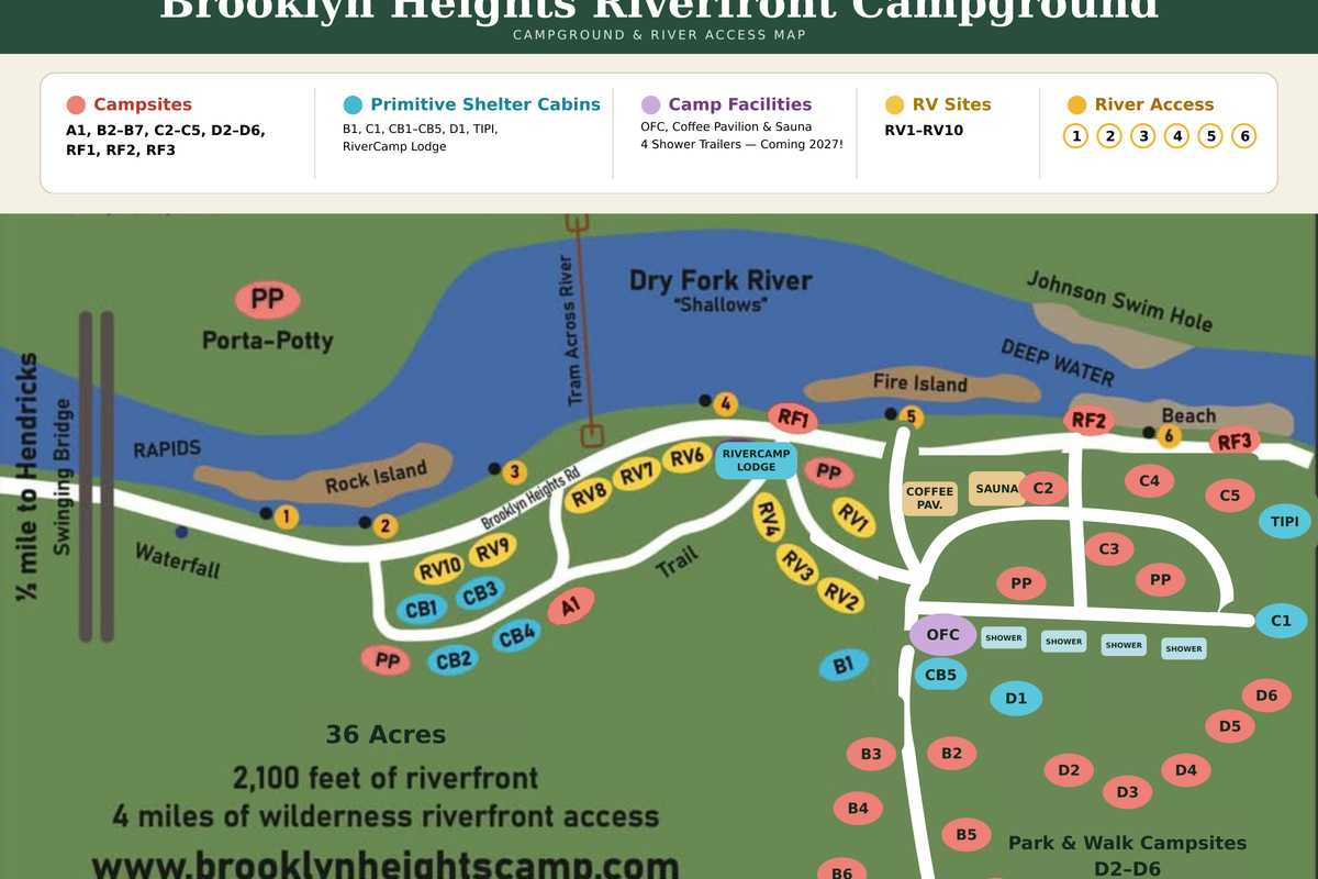 Brooklyn Heights Riverfront Campground site map — updated September 2026. Shower facilities shown are planned for 2027 and are not currently available.