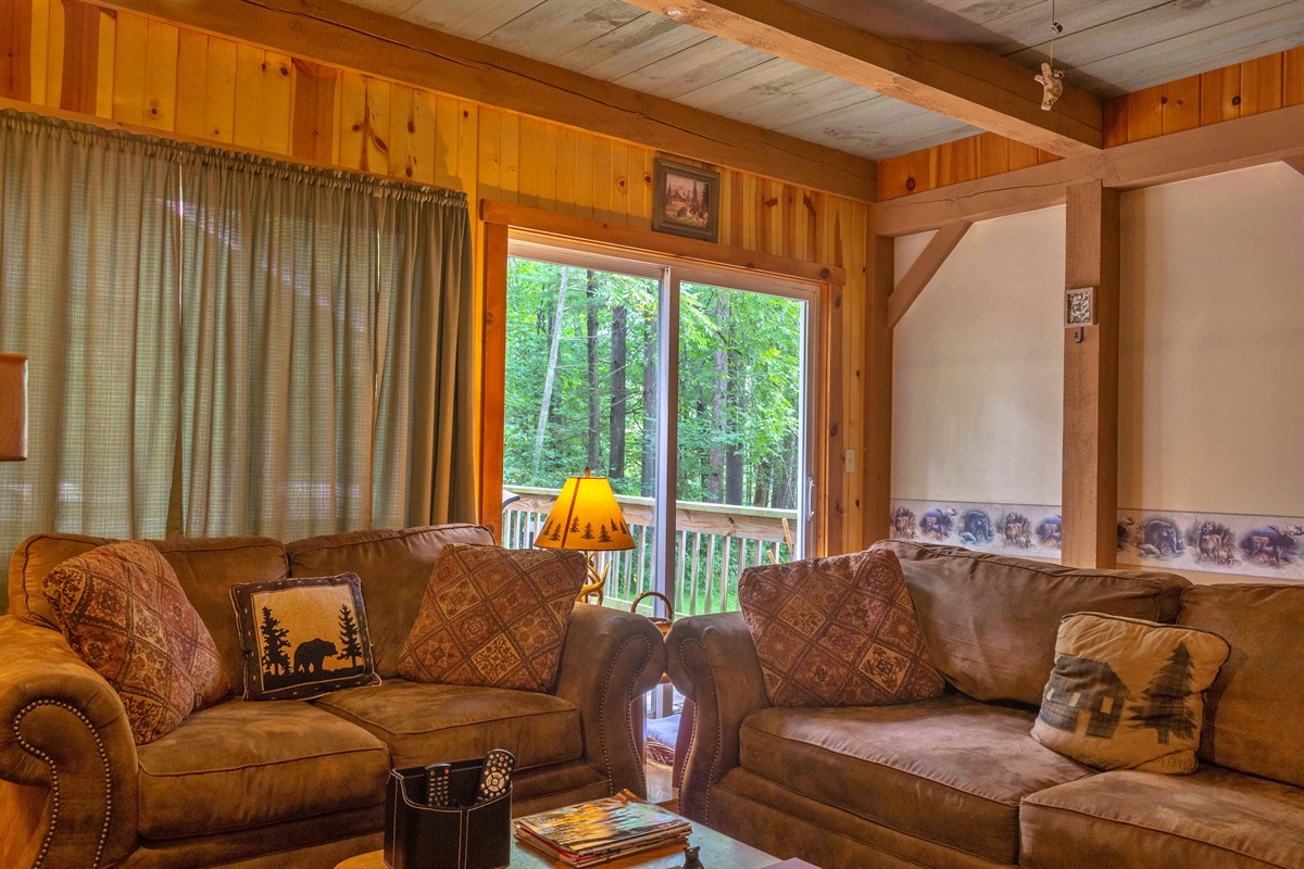 The doors to the back deck and hot tub area are in the living room.