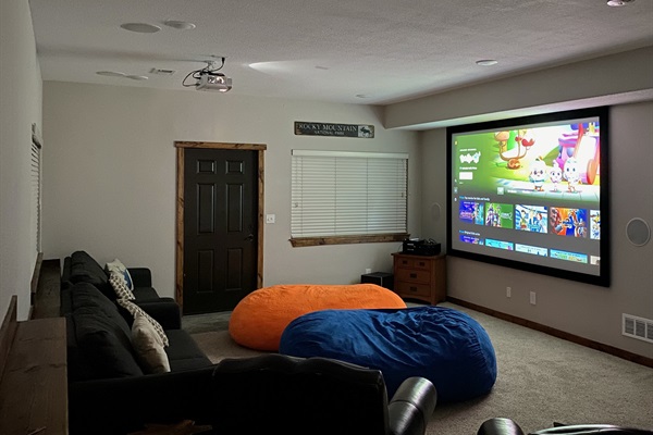 Share family Roku movie night in the lower level with theater room with a projector.
