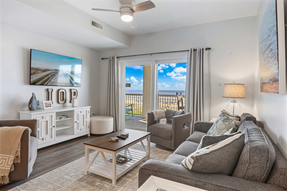 Living Room | Beach Breeze | Oceanview 202 | 1116 Ocean Blvd, Isle of Palms, SC | IOP Escapes