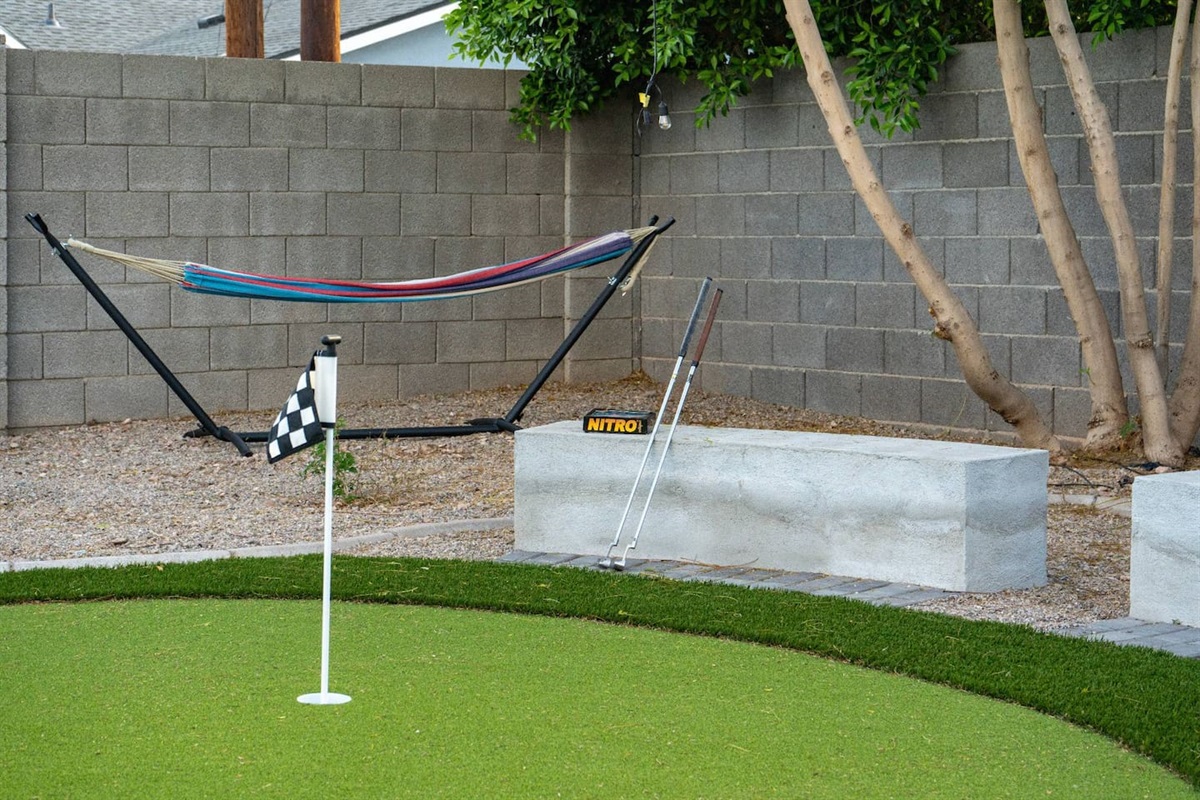 Private putting green + hammock lounge—perfect for relaxing, practicing, and soaking up Arizona sunshine.