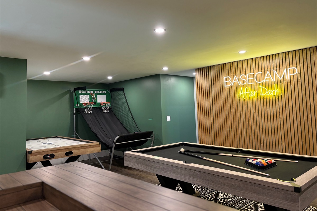 Welcome to Basecamp After Dark — where friendly rivalries live on and the laughter gets loud. Pool, shuffleboard, pop-a-shot… who’s taking the first shot?