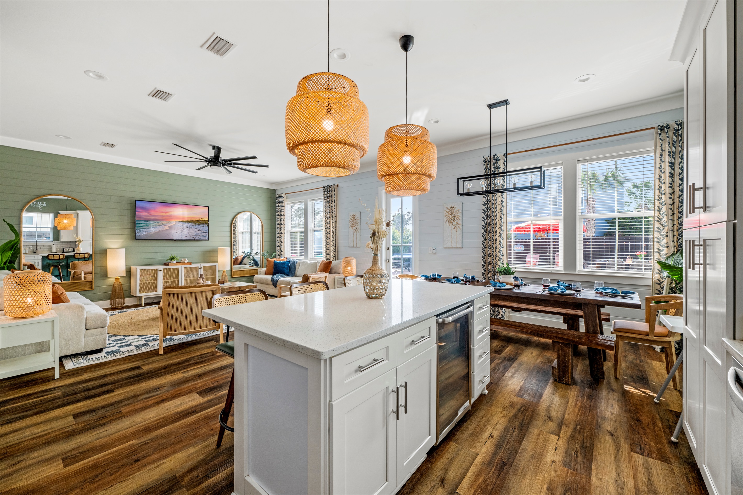 Bright, open, and designed for gathering. Cook in the kitchen, relax in the living room, or share a meal at the table while everyone stays connected. Perfect for family vacations in Miramar Beach.