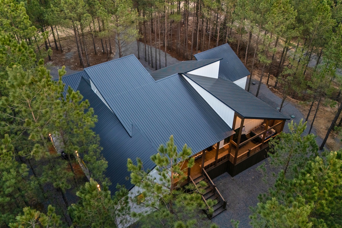 This aerial perspective shows the full layout of the cabin and outdoor spaces, giving a sense of how comfortably it sits within the forest.