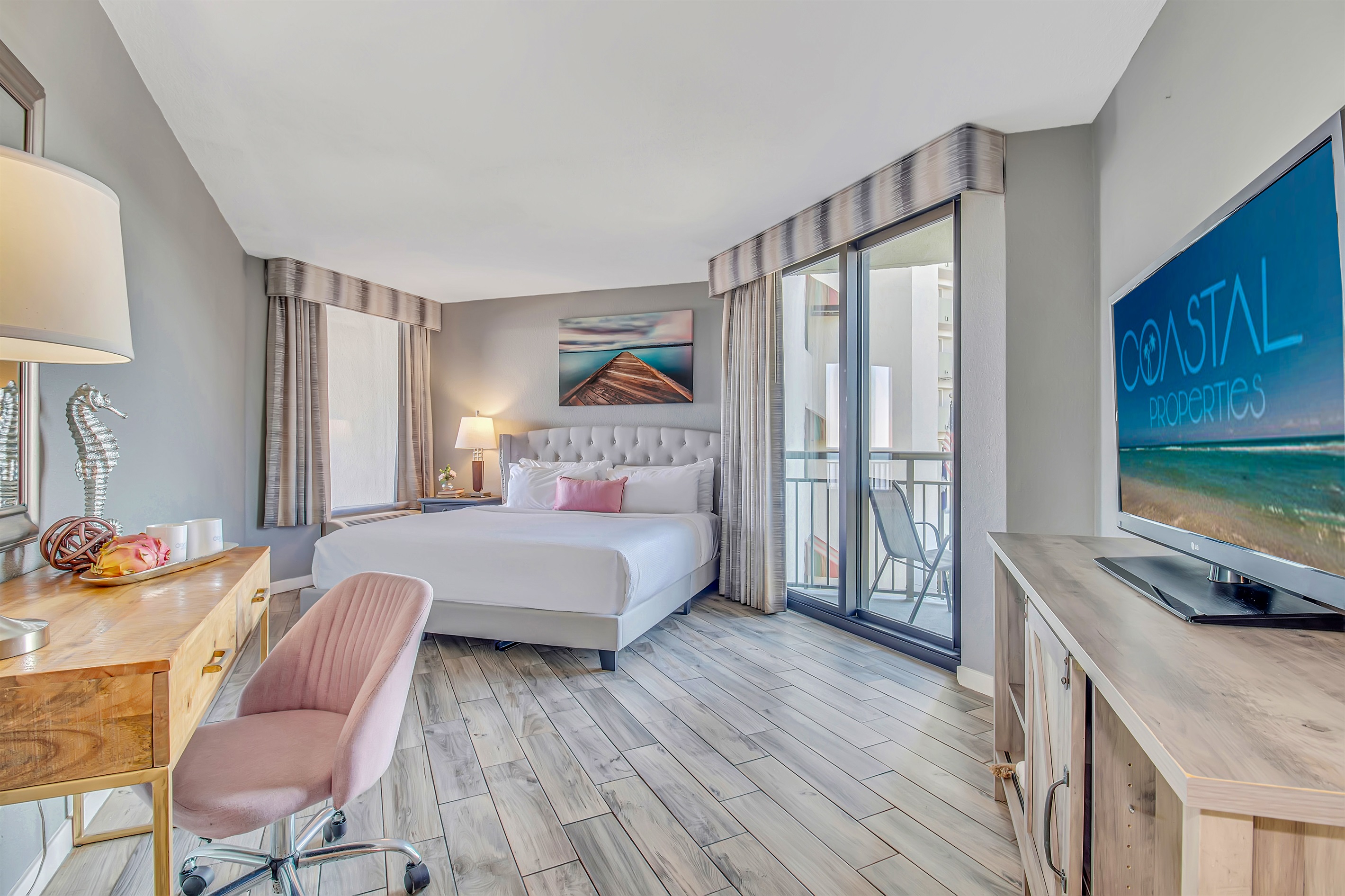 Indulge in a seaside sleeping haven, as the bed in our oceanview suite provides a comfortable and inviting space to recharge while enjoying the coastal scenery.