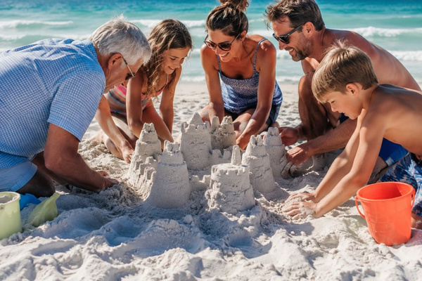AI-created sandcastle and family beach illustration. Enjoy Panama City Beach outings separately from the private amenities at the house.