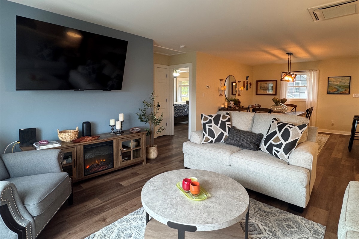 Comfy living room with large SmartTV