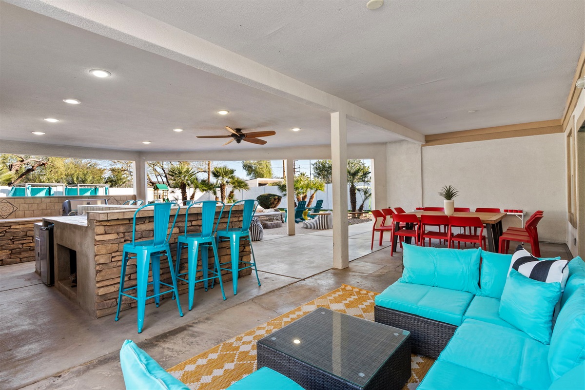 Outdoor Bar & Grill  with 7 Bar Stools; Outdoor Massive Dining Table; Comfy Couch for Lounging; 2 Patio Swings Photo Ops