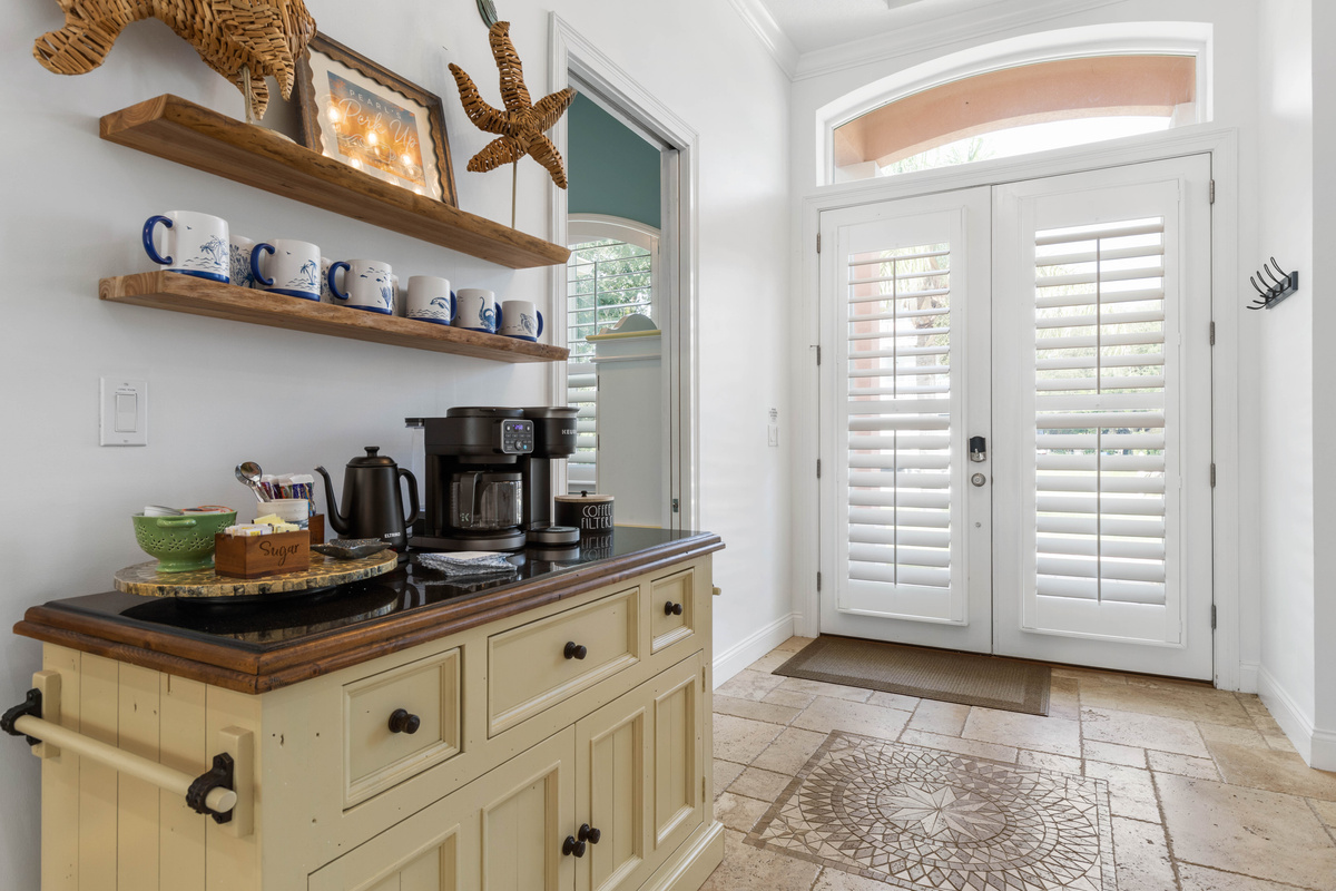 Right inside the front doors, the coffee bar has mugs, a kettle and a coffee maker ready for the first cup.