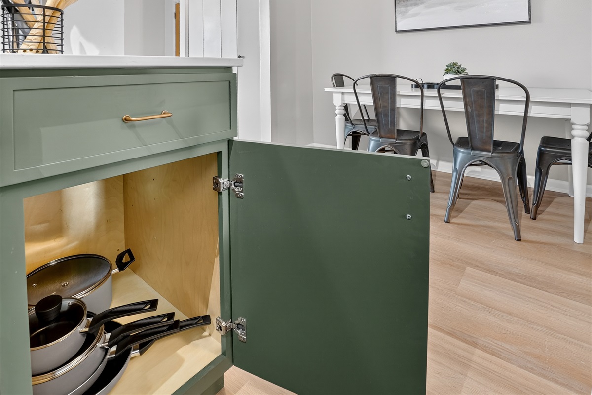 Cups, plates, dishes, utensils, pans, & coffee all provided