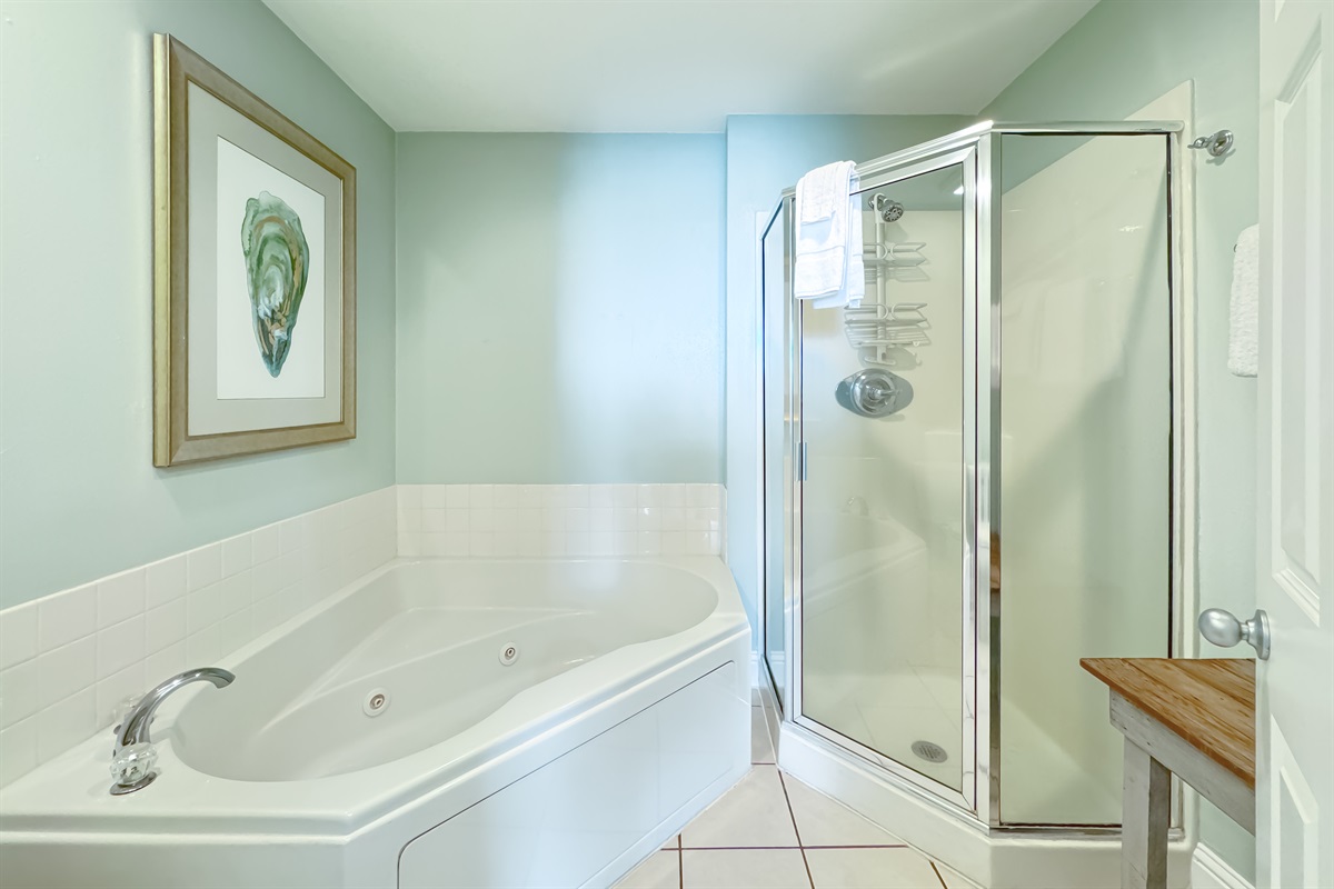 This bathroom offers a spacious vanity with double sinks, complemented by jetted tub and separate walk-in shower, plus ample lighting and storage options.