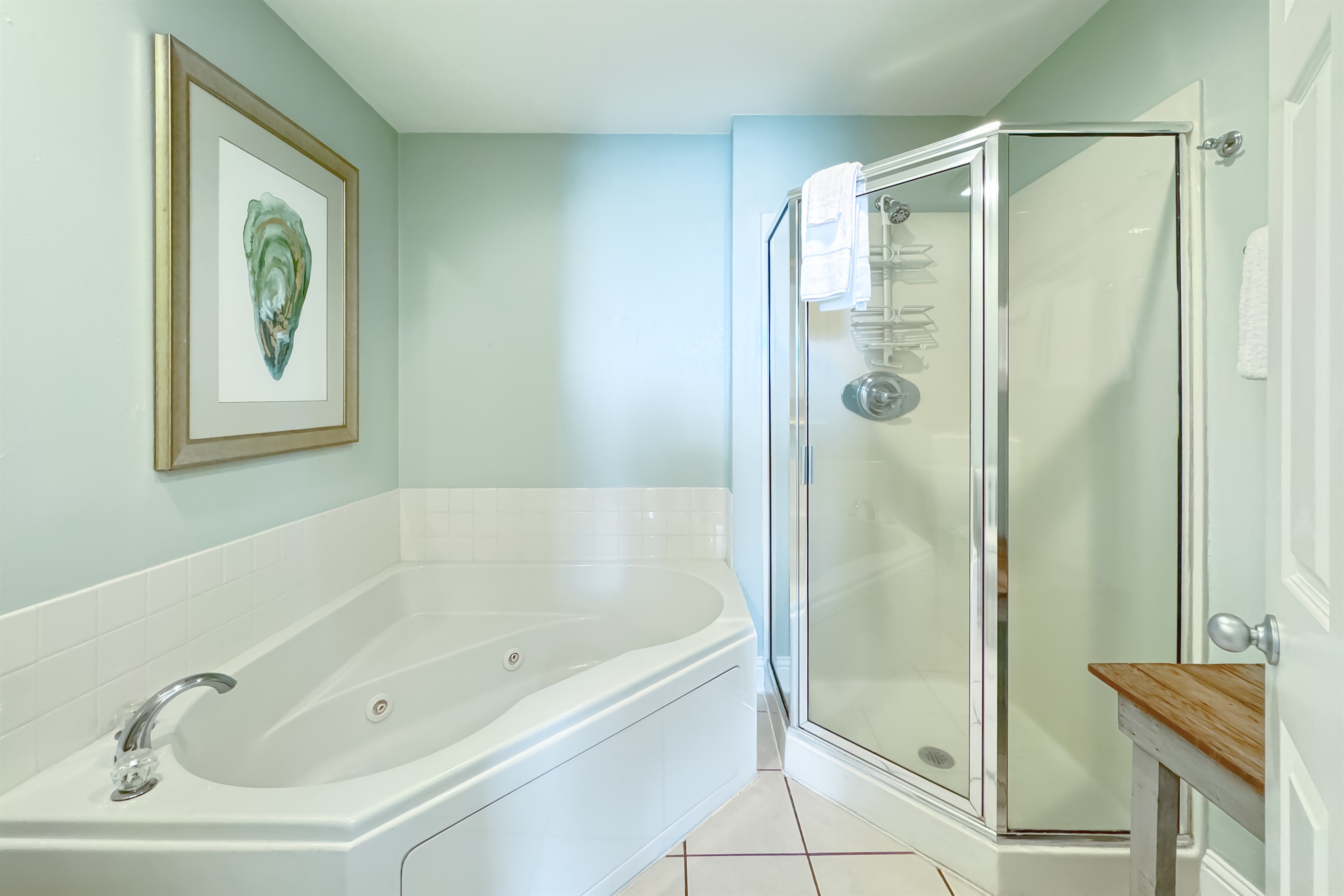 This bathroom offers a spacious vanity with double sinks, complemented by jetted tub and separate walk-in shower, plus ample lighting and storage options.