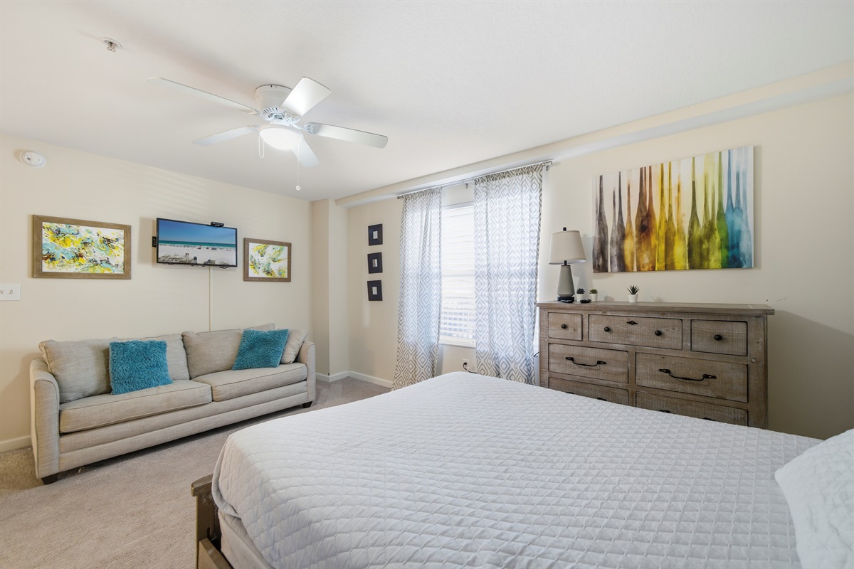 The Guest Bedroom has a queen-size mattress with both a large chest-of-drawers and closet trop hang your clothes. TV has been upgraded to a 50" Smart TV.