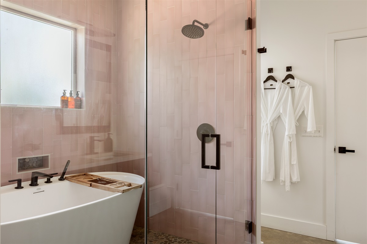 {Spa Bath - Glass House} A serene retreat featuring a soaking tub, walk-in shower, and curated bath amenities for true unwind mode.