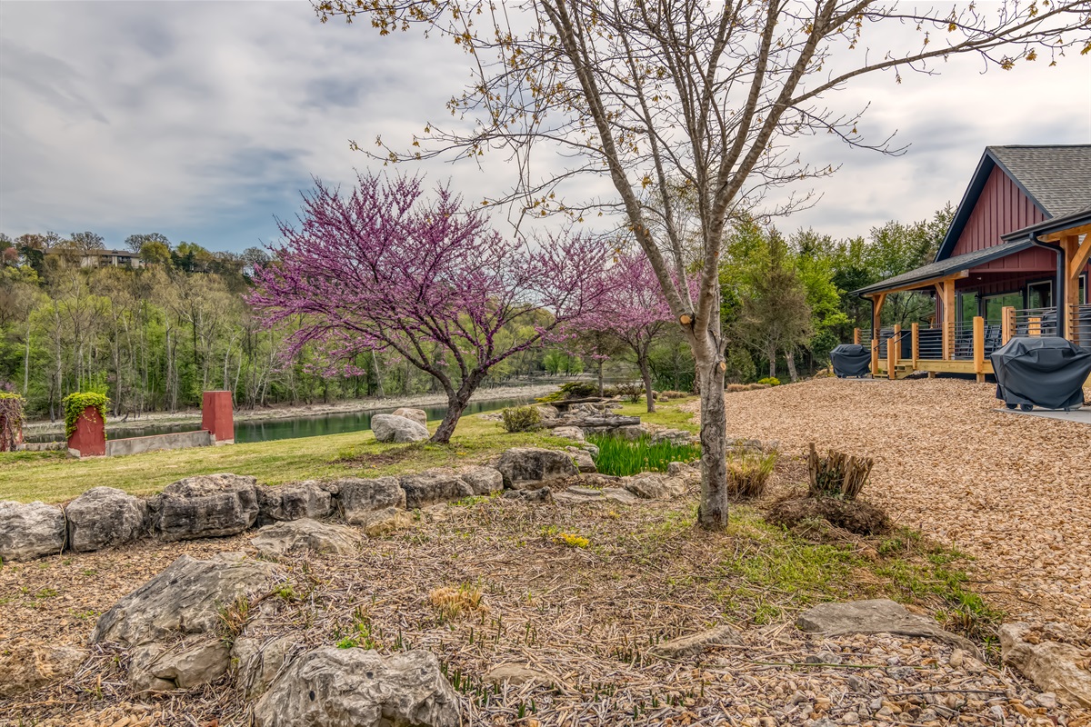 Fire pits and water features along the banks of Taneycomo