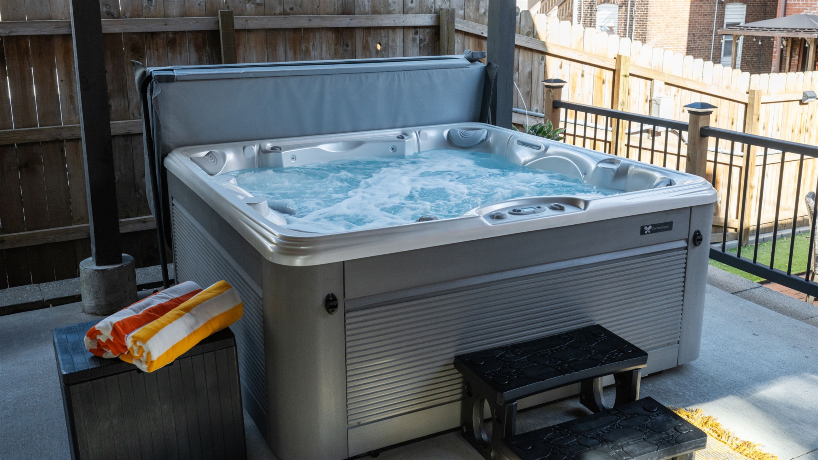 Separate beach towels provided to help you enjoy a relaxing soak in the hot tub.