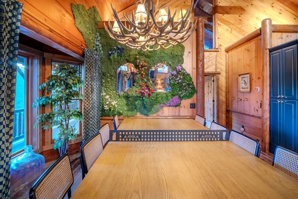 Our dining area seats 10 and converts to a ping pong table. 