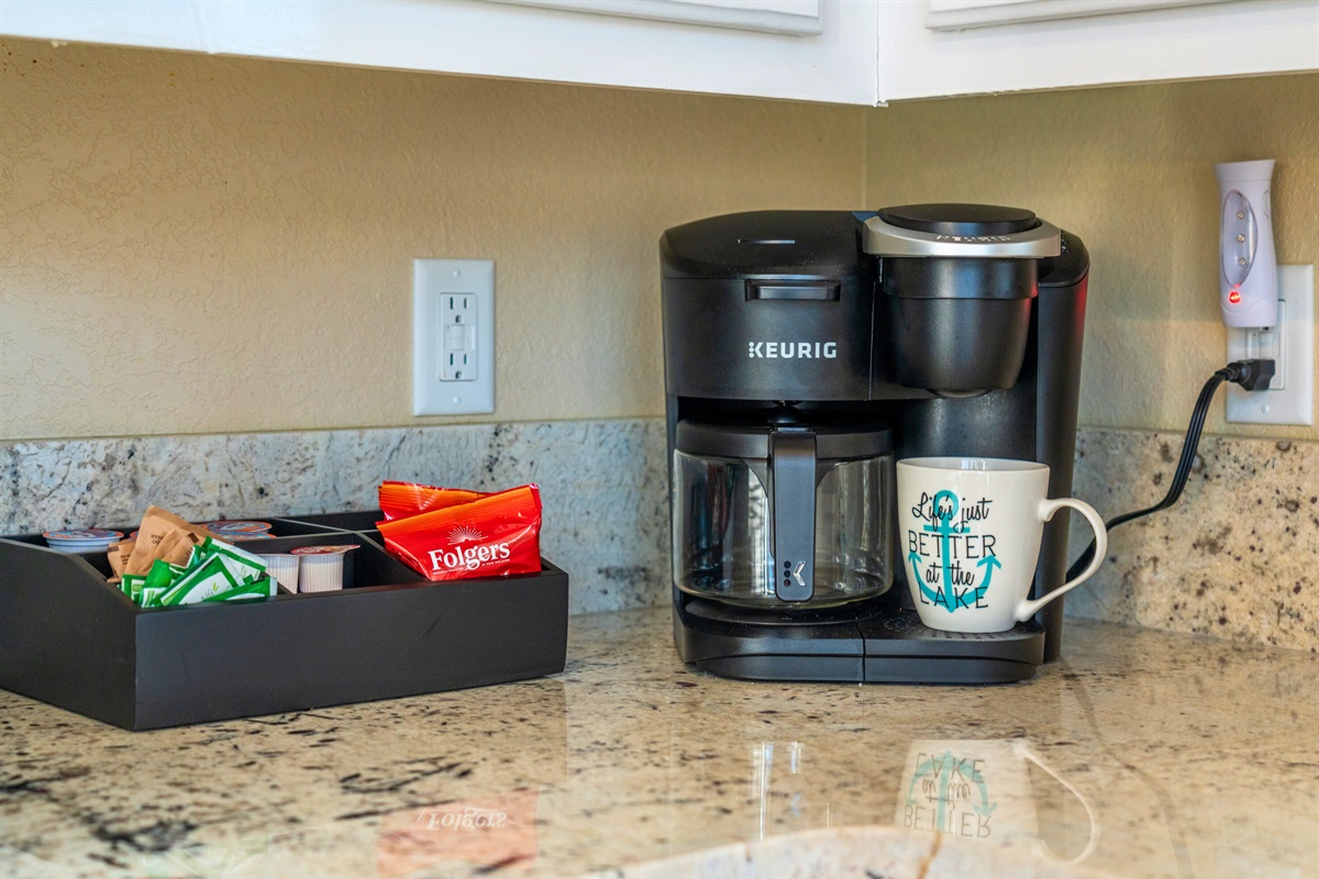 The fully stocked coffee station is a convenient touch that makes mornings feel simple and relaxed.