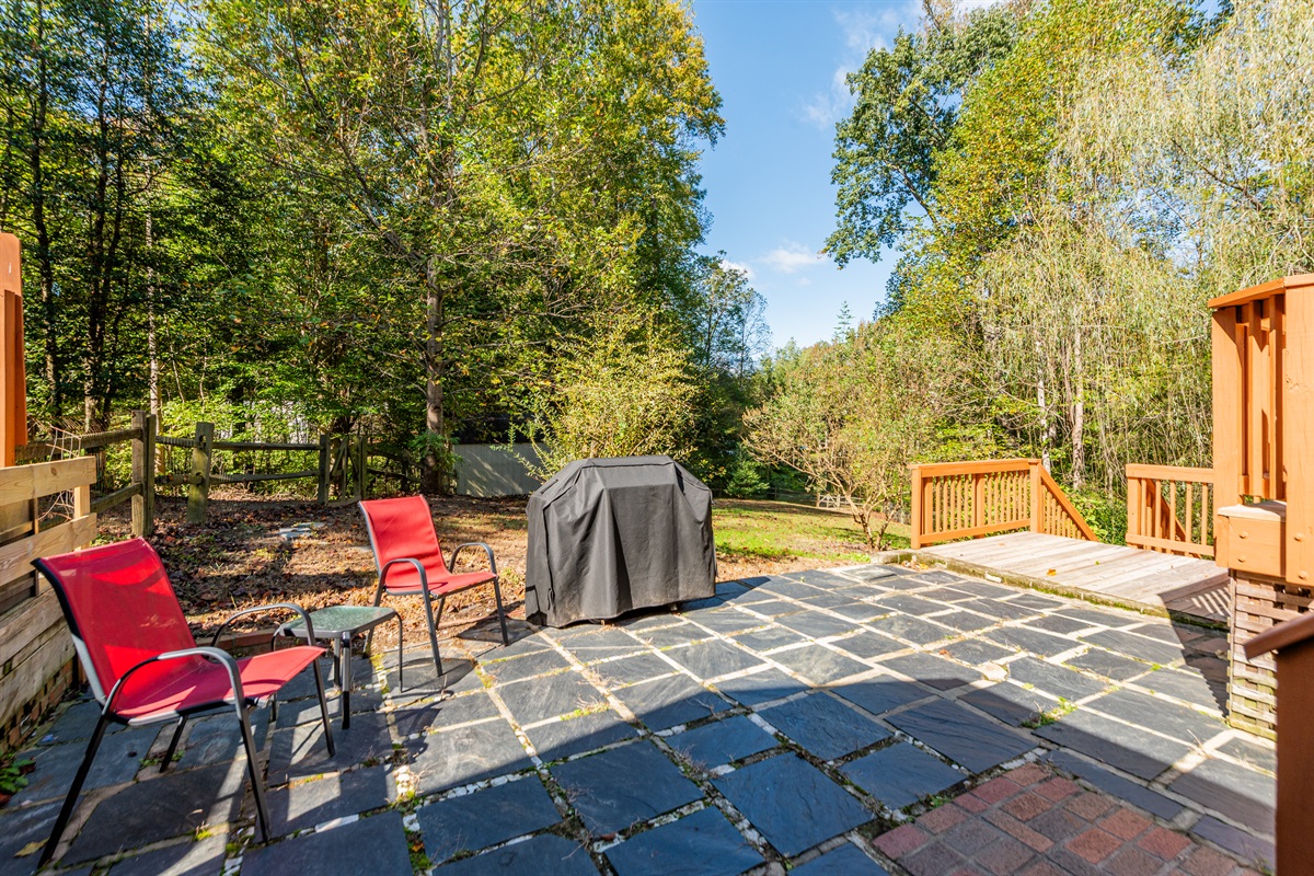 Outdoor: Relax on the stone patio with grill, surrounded by lush greenery and sunshine!