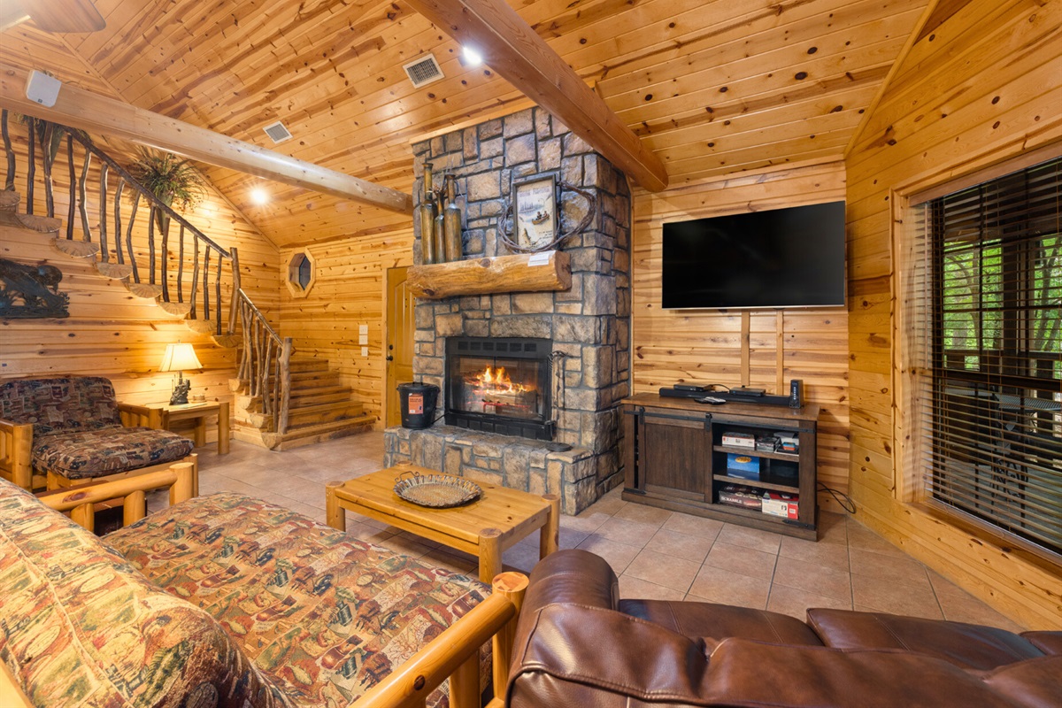 Relax by the fire and enjoy a movie night in the living room.