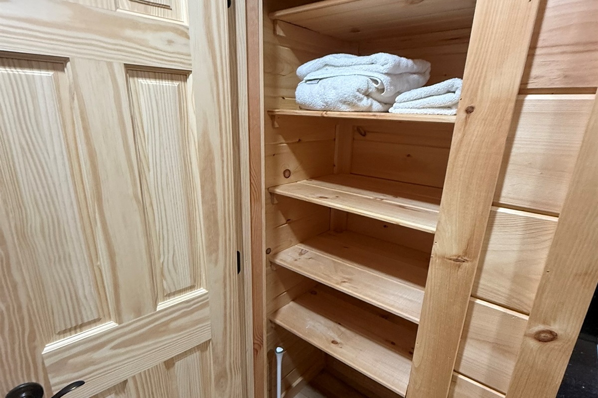 large closet in bathroom 1. Plenty of towels will be provided.