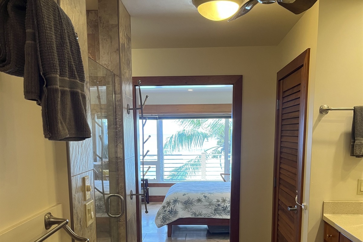 View from the master bathroom out the window of a palm tree, the surf, & sand.