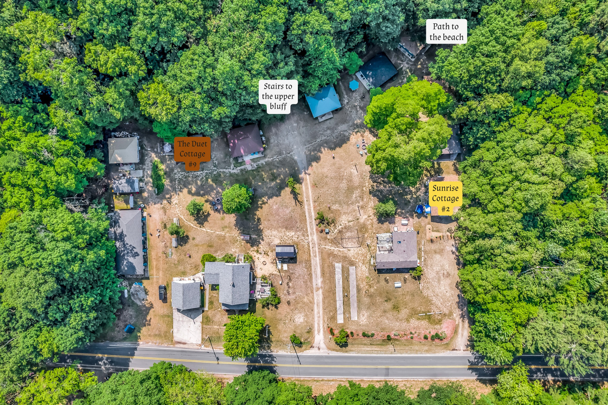 This property includes 11 cottages and one main house across 8 acres. Two of the cottages are ours: Duet and Sunrise.