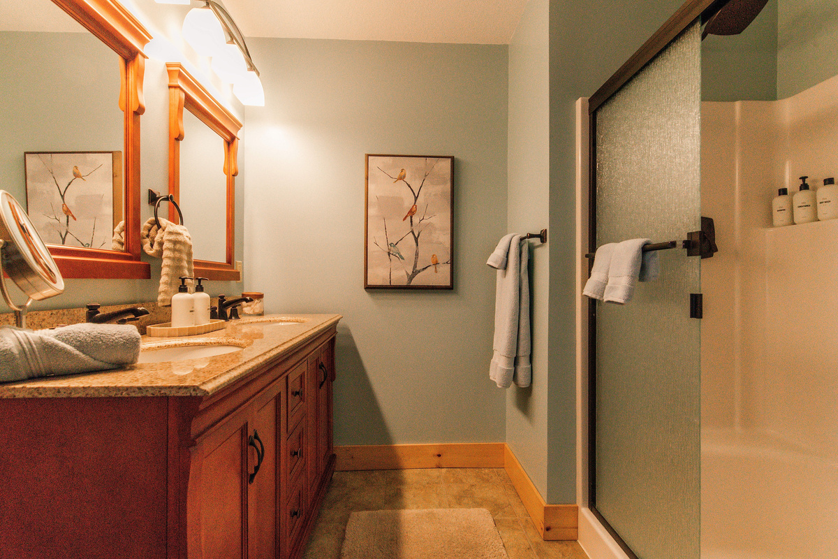 Walk-in shower and double vanity.  