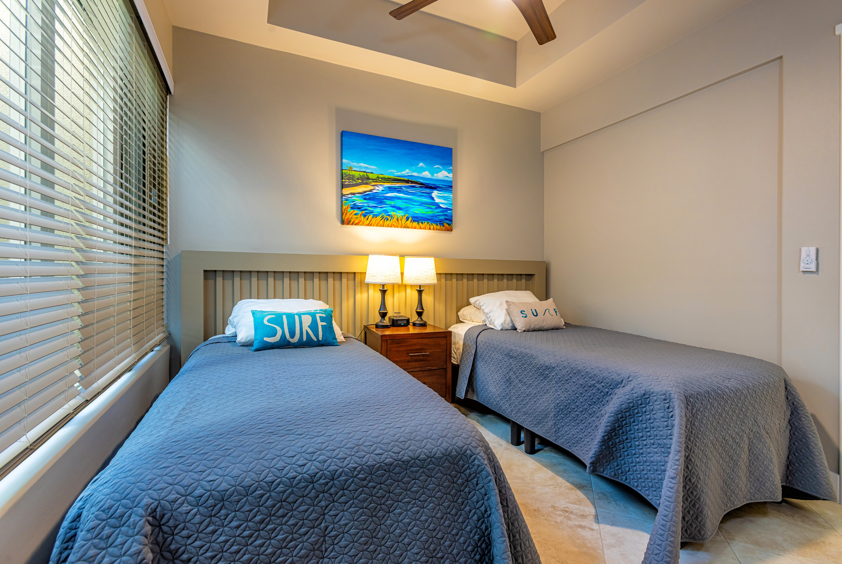 The second bedroom features two txin XL size beds that can be pushed together on request (prior to guest's arrival)