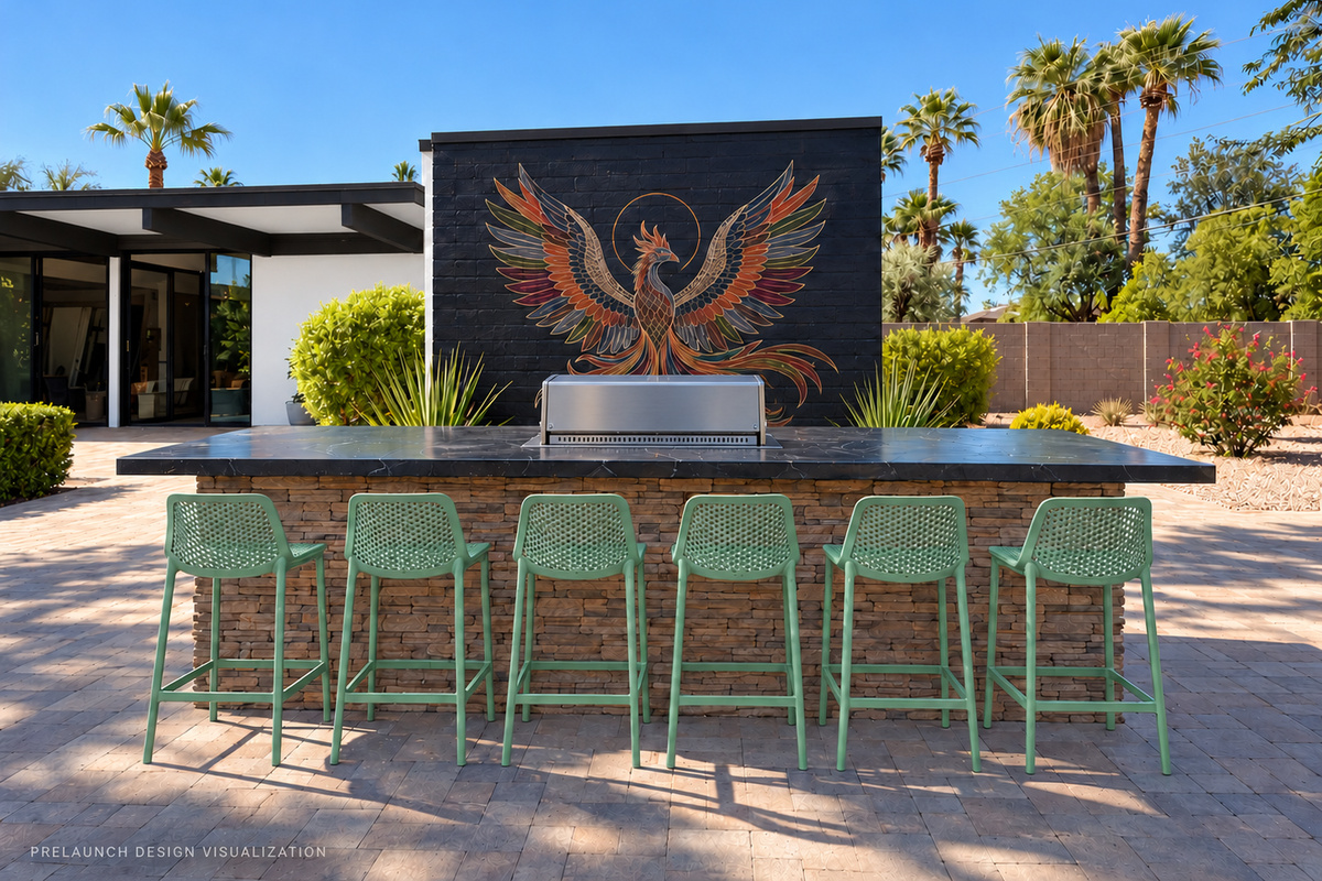{Outdoor Kitchen } Fire up the grill, claim a stool, and toast to your Scottsdale getaway beneath our signature phoenix mural. Dinner at home just became part of the vacation.