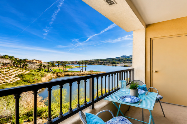 Private balcony with Lake Las Vegas, mountain and golf course views.