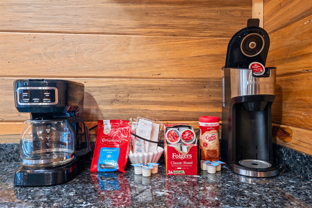 Thoughtfully arranged, the coffee station offers a convenient spot for slow mornings, early risers, and everyone in between.