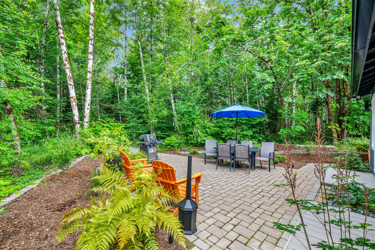 A wetland forest trail departs the patio and intersects the property-wide trail system, leading to picnic areas and the shores of Mill Creek, where you may launch kayaks into Lake Isabella.