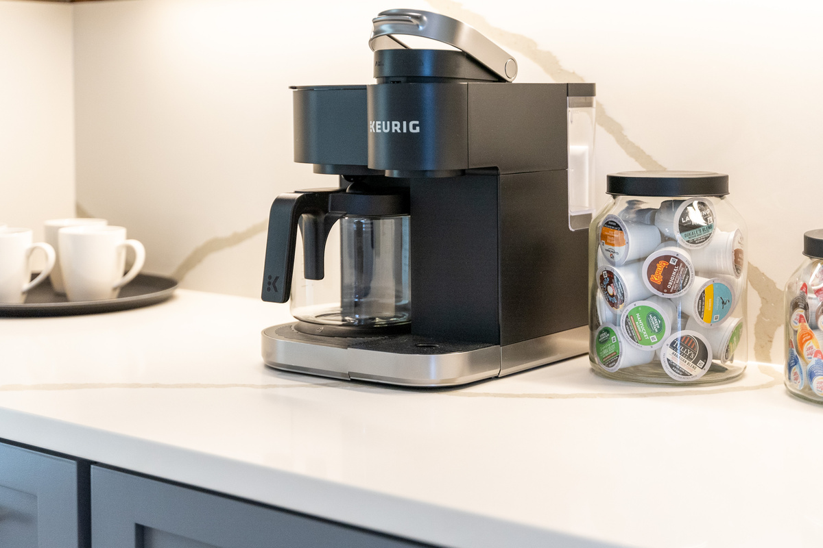 Keurig coffee station with both K-cup and full-pot brewing options.