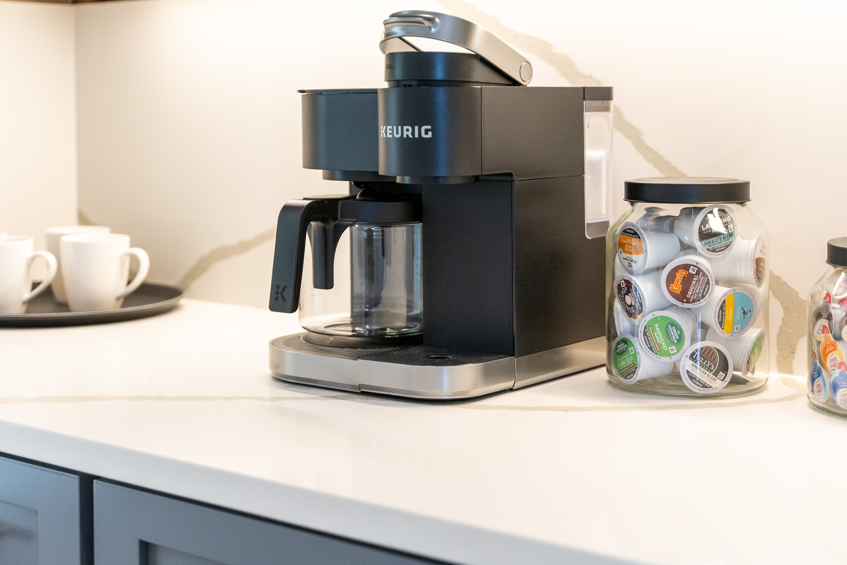 Keurig coffee station with both K-cup and full-pot brewing options.