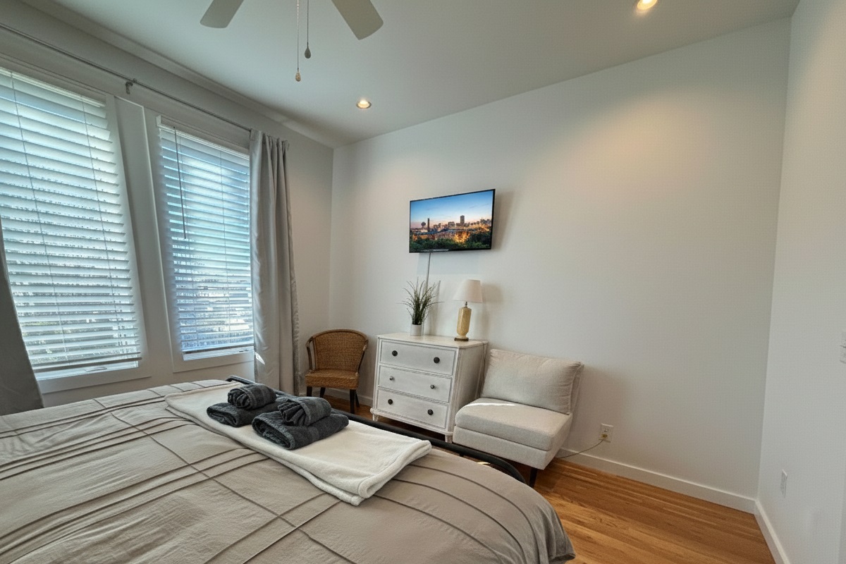 King Bedroom 1: Bright space with plush bedding, city views, and modern decor for your relaxation!