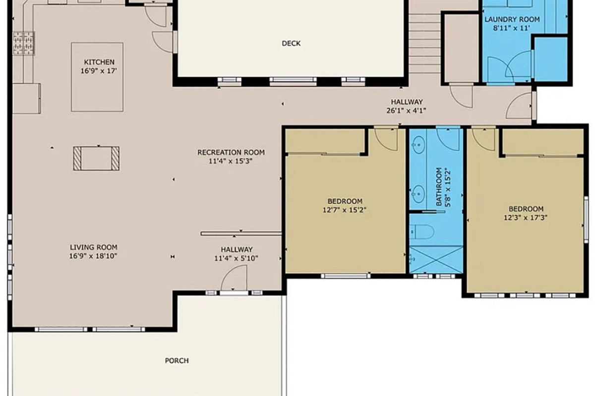 Main floor layout showing the open living and bedroom spaces.