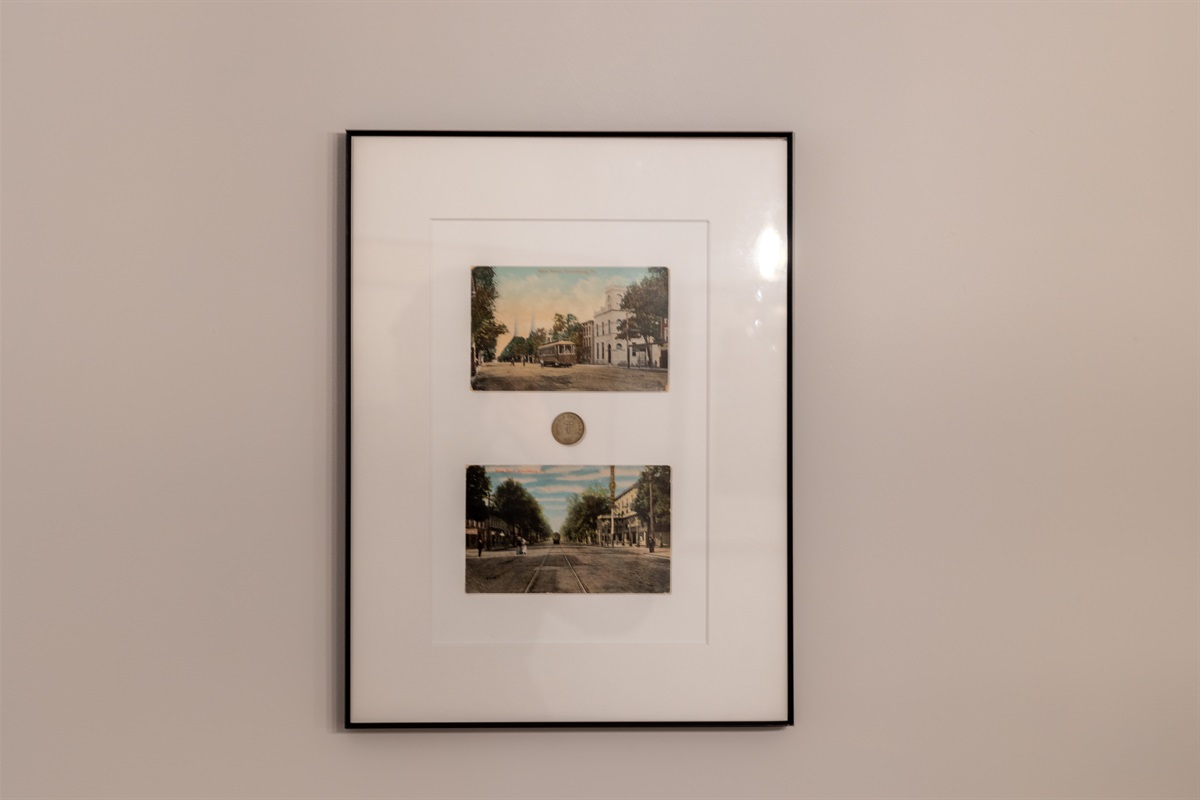Artwork highlighting Stroudsburg. This pictures the trolley with the token that was used for passage. 